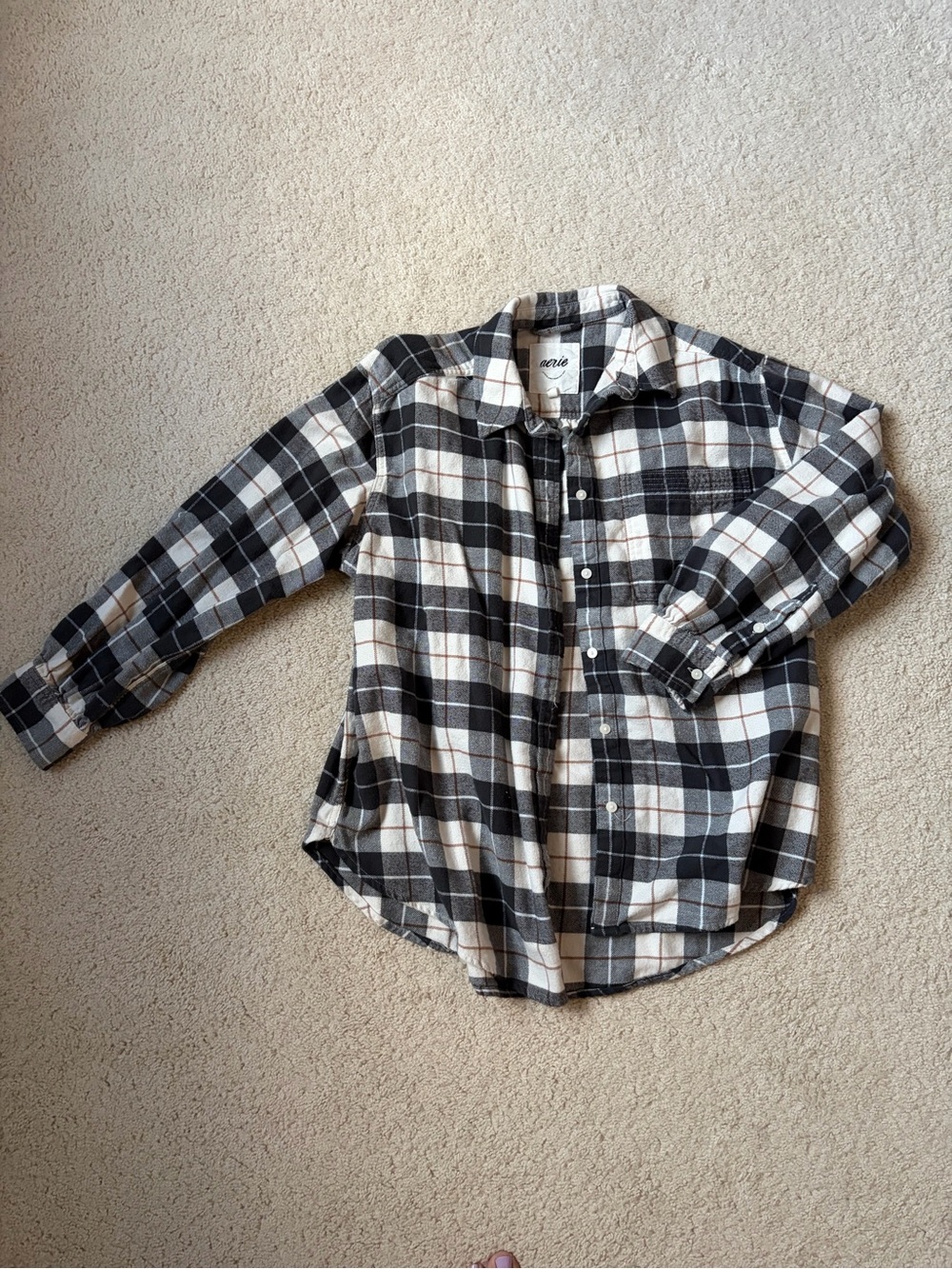 aerie Black, White & Tan Plaid Button-Down Shirt